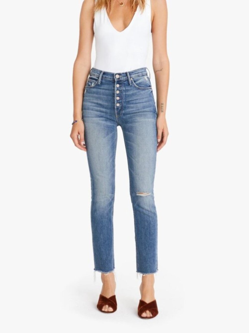 MOTHER The Pixie Dazzler Ankle Fray Jeans Button Fly EUC Sz 24/25 (See Meas.)
